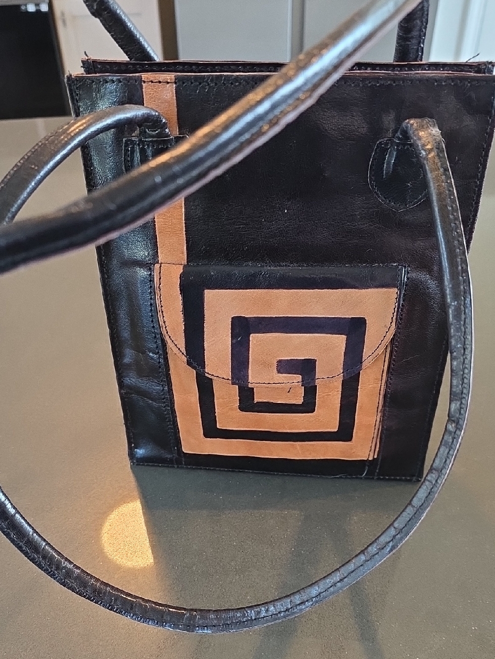 Shantiniketan India Black and Tan Leather Mini Tote Bag